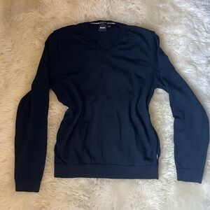 BOSS Virgin wool navy blue men's v neck sweater